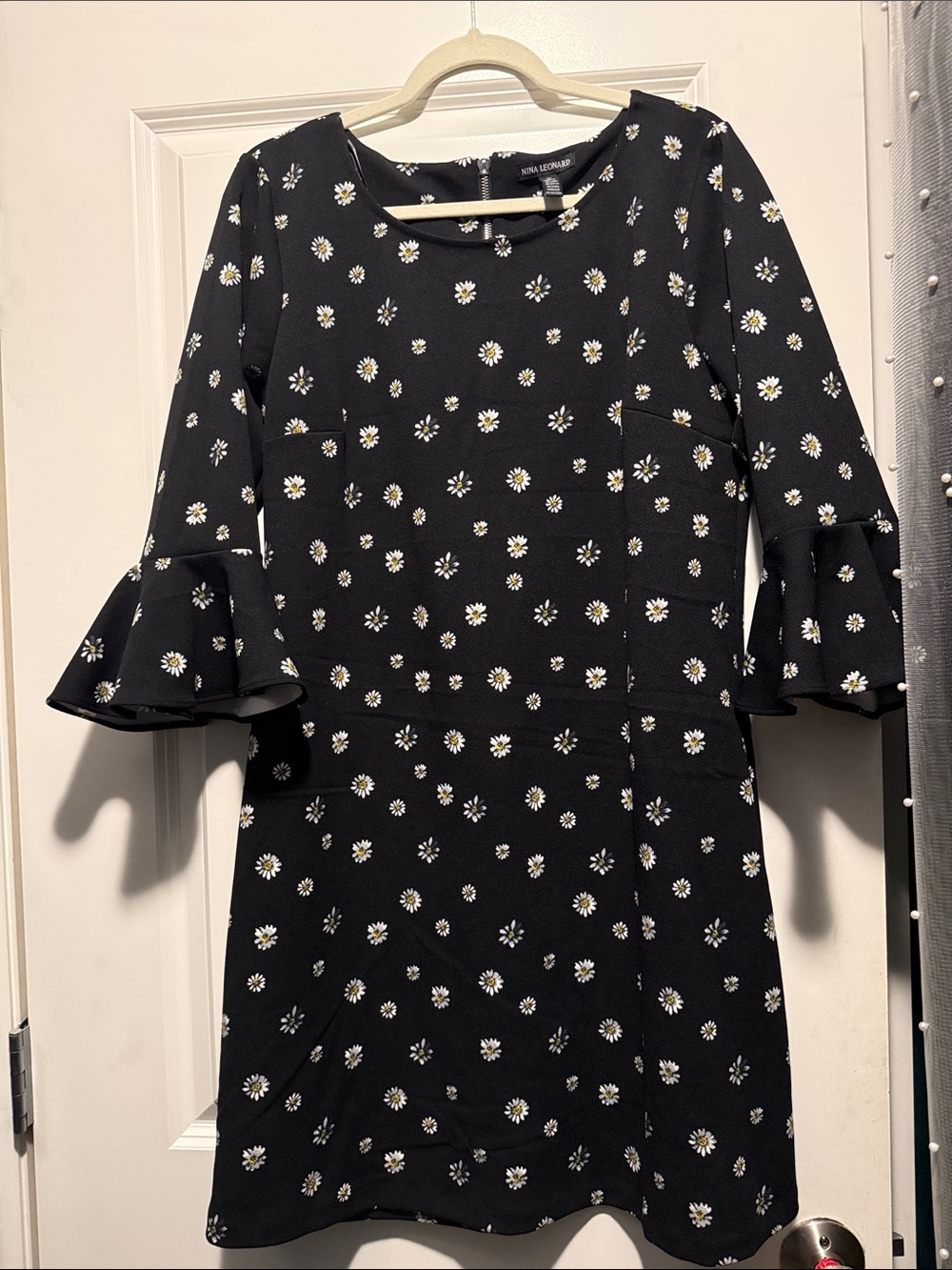Nina Leonard Black Daisy-Print Bell Sleeve Mini Dress